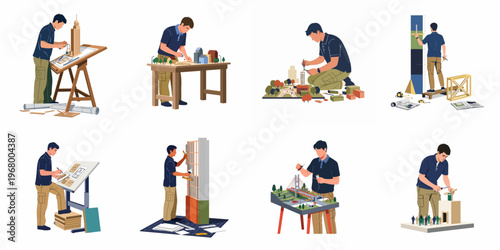 Set of illustrations depicting a male architect working on architectural scale models, building prototypes, and urban planning projects in his professional studio.