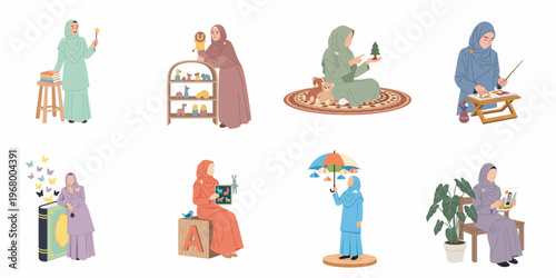 Set of diverse Muslim women educators and storytellers in various teaching and creative learning activities, flat illustration style on white background.