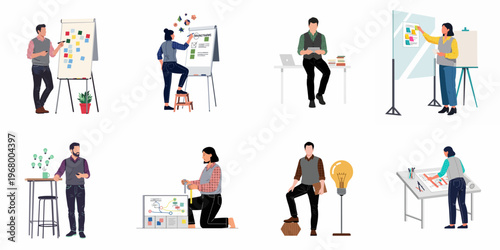 Set of flat vector illustrations featuring diverse professional characters brainstorming, planning projects, and generating creative ideas in a modern office workspace.