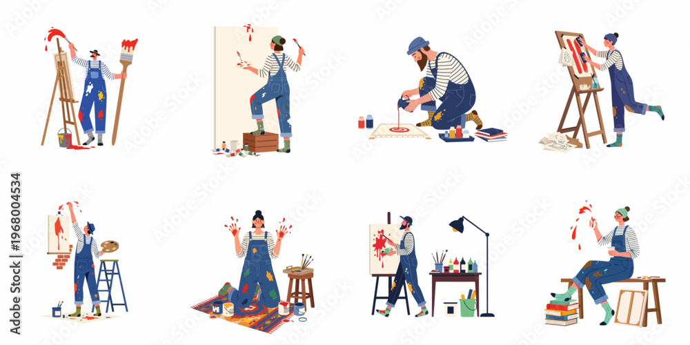 Fototapeta premium Diverse collection of artists and painters in denim overalls creating abstract art with canvases, brushes, and paints in various studio settings.
