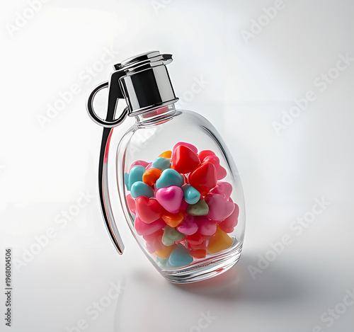 Grenade with hearts inside, multicolored candies. Love, romance.