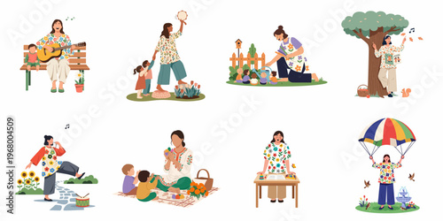 Illustrations of a female teacher or caregiver engaging in diverse educational activities with children including music, gardening, reading, and outdoor play.