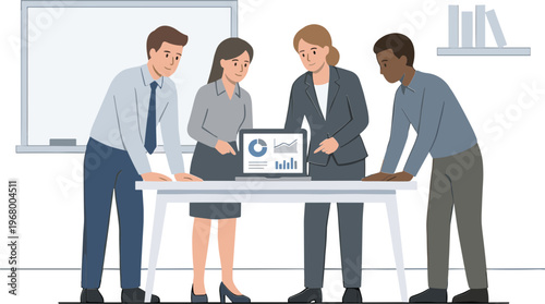 Four business people collaborating around a table with laptop indoors