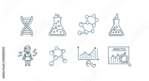 Laboratory Equipment and Data Analysis Icons Set.