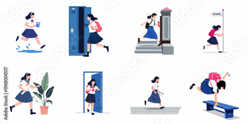 Set of flat vector illustrations depicting a schoolgirl in uniform running and in a hurry through various daily school environments.