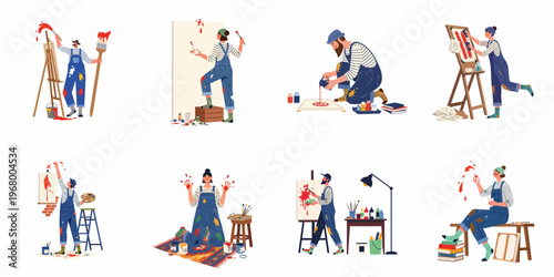 Diverse collection of artists and painters in denim overalls creating abstract art with canvases, brushes, and paints in various studio settings.