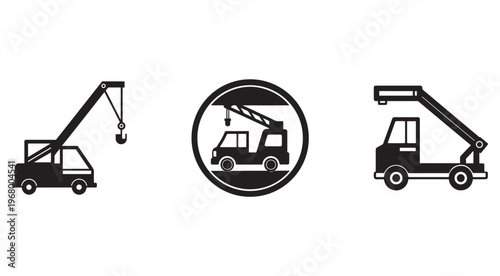 Blackandwhite illustrations of different types of cranes and a wrecker truck with a hook  industrial vehicles and equipment used for construction and heavy lifting operations