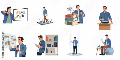 Set of illustrations showing a young man engaging in modern digital education, e-learning, online teaching, and interactive technology for various learning scenarios.