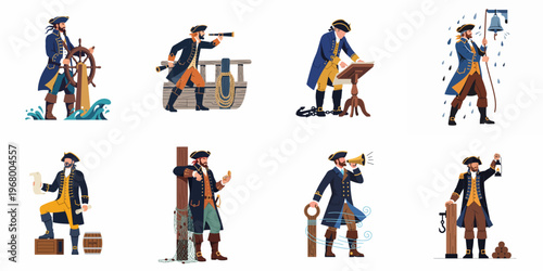 Set of nautical character illustrations featuring a ship captain in various seafaring poses including steering a ship, using a telescope, and navigating.