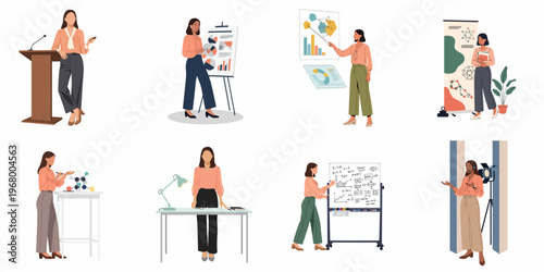 Set of professional women character illustrations showing various roles like public speaker, scientist, presenter, and educator in different work environments.