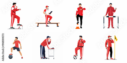 Set of Flat Illustrations Featuring Male Sports Coaches and PE Teachers in Tracksuits Using Various Athletic Equipment like Whistles and Stopwatches