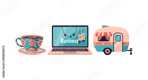 Laptop with Business Concept and Teacup.