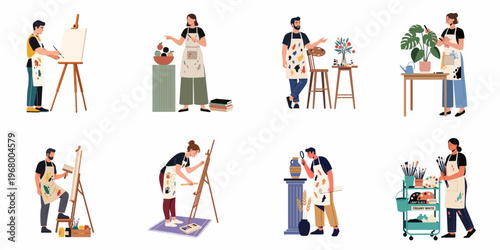 Set of diverse artists and students engaged in various creative activities like painting, sketching, and arranging art supplies in a studio.