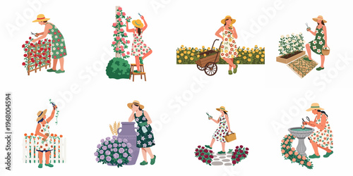 Illustrations of women in floral summer dresses tending to rose gardens, pruning, harvesting, and arranging flowers in a minimalist flat style.