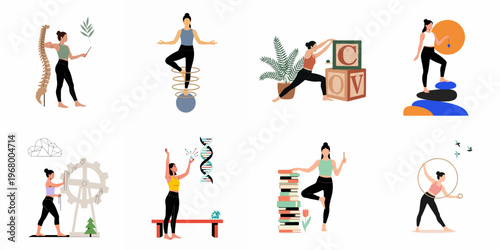 Fotografie Collection of flat illustrations depicting women practicing holistic wellness, yoga, and mindfulness activities for physical and mental balance