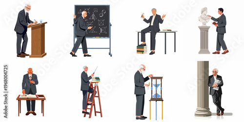 Set of illustrations depicting an academic professor or philosopher in various educational and contemplative scenes, emphasizing wisdom, history, and learning.