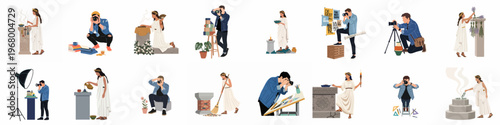 Flat vector illustration set featuring a modern photographer and a woman in ancient Greek dress engaged in various creative and traditional activities.