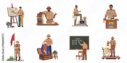 Set of male historians and explorers in khaki uniforms engaged in various academic and field activities, including teaching, mapping, and archival research.