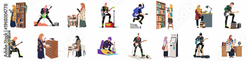 Vector illustration set featuring diverse Muslim women in libraries and punk rock musicians with electric guitars, showcasing contrasting lifestyles and individual expressions.