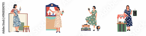 Flat vector set of women in floral vintage dresses showcasing diverse hobbies and occupations like storytelling, puppetry, travel, and running a cafe.