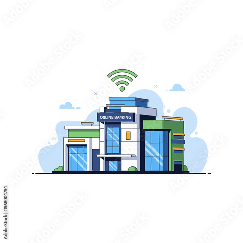 Modern Bank Building with WiFi Signal.