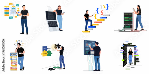 A collection of eight flat illustrations depicting various software development and programming concepts, featuring male and female IT professionals at work.