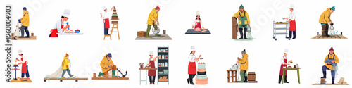 Collection of flat vector illustrations depicting professional chefs decorating cakes and pastries alongside fishermen working with nets on a dock.