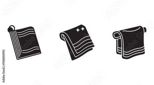 Blackandwhite illustrations of three different towels with white outlines on white background