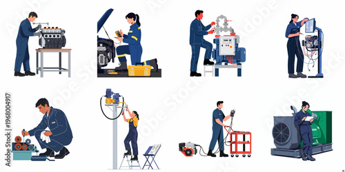 Diverse Professional Mechanics and Technicians Repairing Engines and Industrial Machinery in a Modern Flat Illustration Style