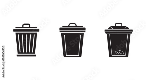 Blackandwhite illustrations of three different trash cans with lids on white background  waste management icons