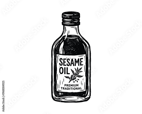 Glass container with liquid and herbal sticker. Engraved drawing for grocery store and food packaging.