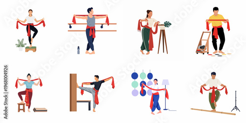 Set of Flat Illustrations Depicting People Practicing Traditional Indonesian Dance with Red Sashes in Studio and Home Environments