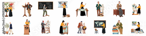 Set of vector illustrations featuring diverse scholars, professors, and researchers teaching geography, history, and philosophy in academic and classroom settings.