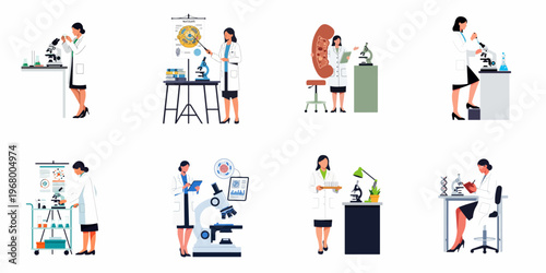 Collection of flat vector illustrations depicting professional female scientists and researchers working in various laboratory environments with microscopes and scientific equipment.