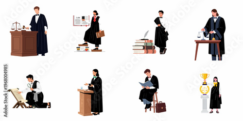 Flat vector illustration of legal professionals including judges and lawyers in various courtroom and law-related scenes on a white background.