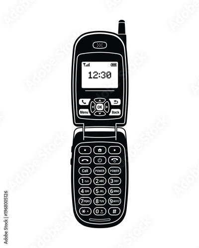 Graphic silhouette of classic flip phone, digital screen with clock, cellular technology icon design