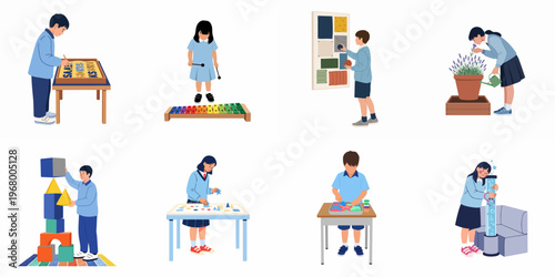 Diverse school children engaging in sensory and educational activities for early childhood development and learning