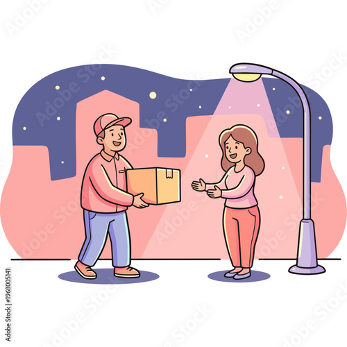 Delivery man hands package to woman under street light at night