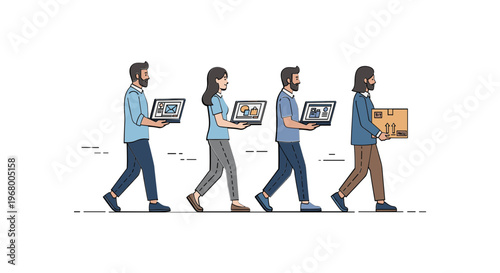 People Walking and Carrying Boxes and Laptops.