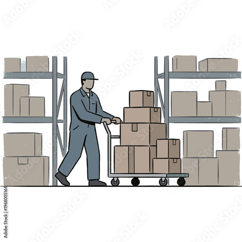 A man in a warehouse is pushing a loaded dolly with boxes