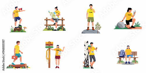 Flat vector set of diverse characters participating in outdoor team-building challenges, including orienteering, navigation, leadership, and first aid activities in nature.