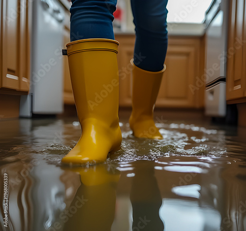 Person in yellow rubber boots standing in flooded kitchen, concept of water damage, home disaster, cleaning, and emergency repair