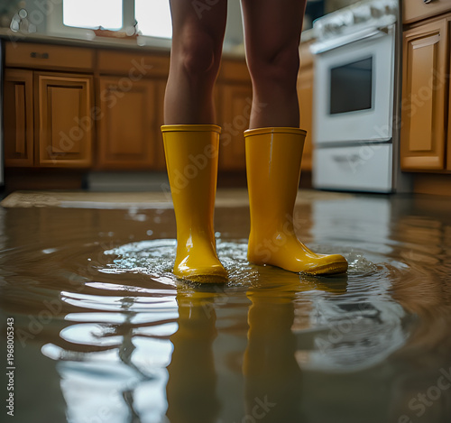 Person in yellow rubber boots standing in flooded kitchen, concept of water damage, home disaster, cleaning, and emergency repair