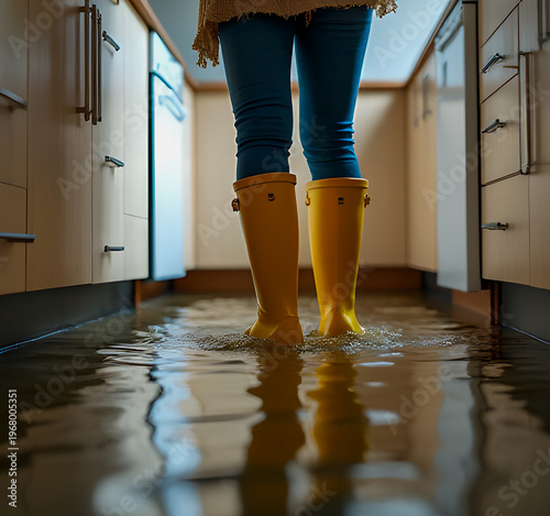 Person in yellow rubber boots standing in flooded kitchen, concept of water damage, home disaster, cleaning, and emergency repair