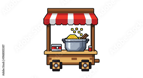 A charming pixel art vector illustration of a wooden street food stall featuring a red and white awning and a steaming pot of delicious noodles.