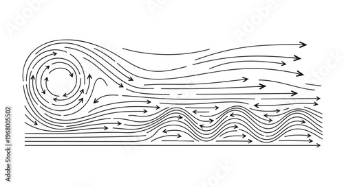 Minimalist wind flow vector illustration, abstract air current lines with arrows, black and white aerodynamic stream pattern for science and weather