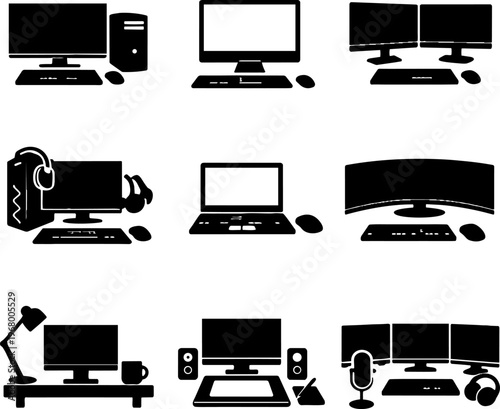 black and white computer workstation vector icons set