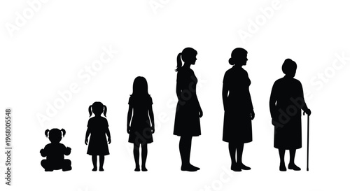 Vector illustration depicting the life stages of a woman from baby to senior with a walking stick.