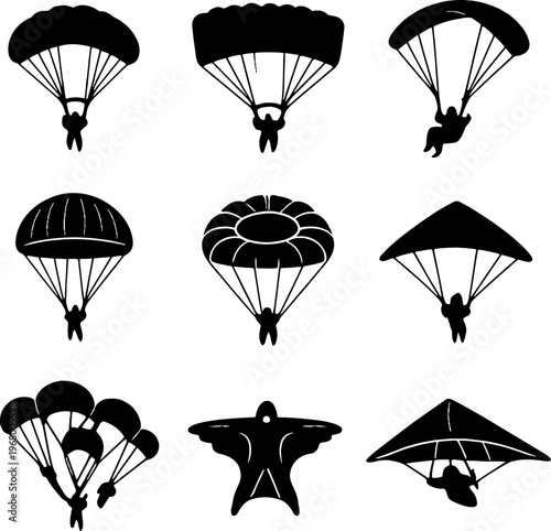 black silhouettes of parachutes and parachutists in various poses