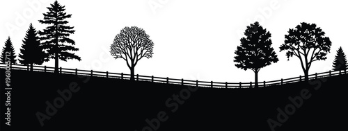 Black and white vector forest landscape trees hills and fence illustration